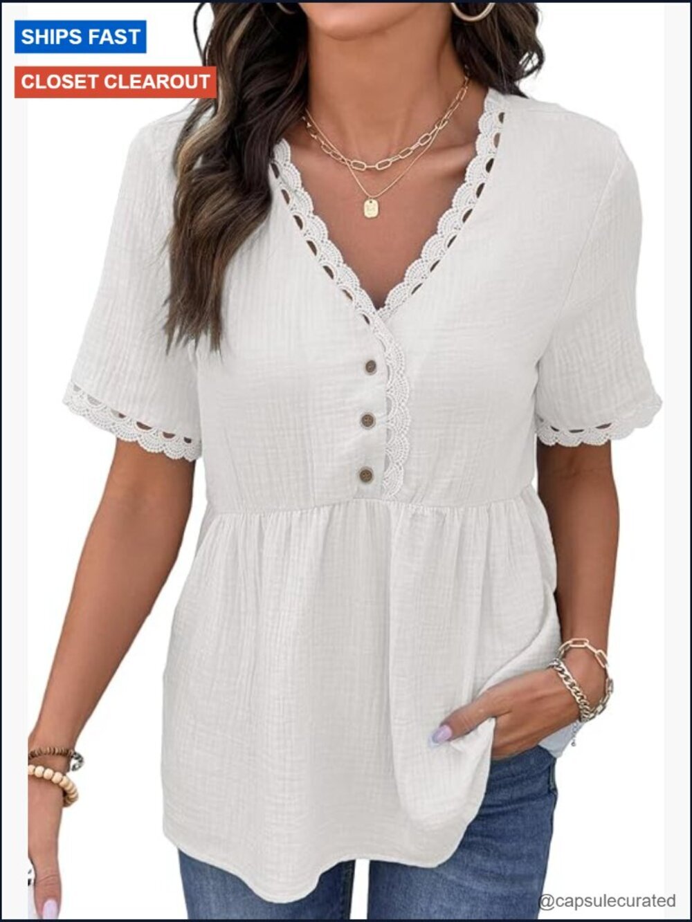 Short Sleeve Babydoll Tunic Top Lace Trim V Neck Cotton Peplum Blouse